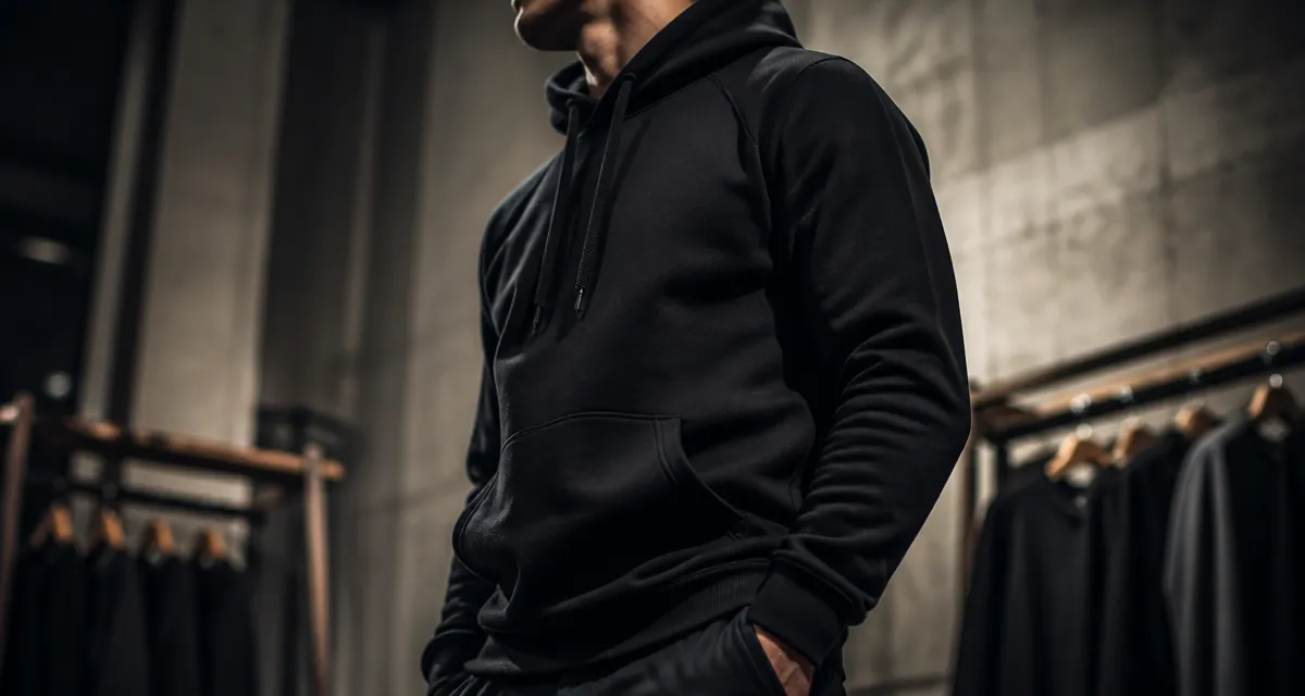 Sweat à capuche noir homme en studio, hoodie noir porté