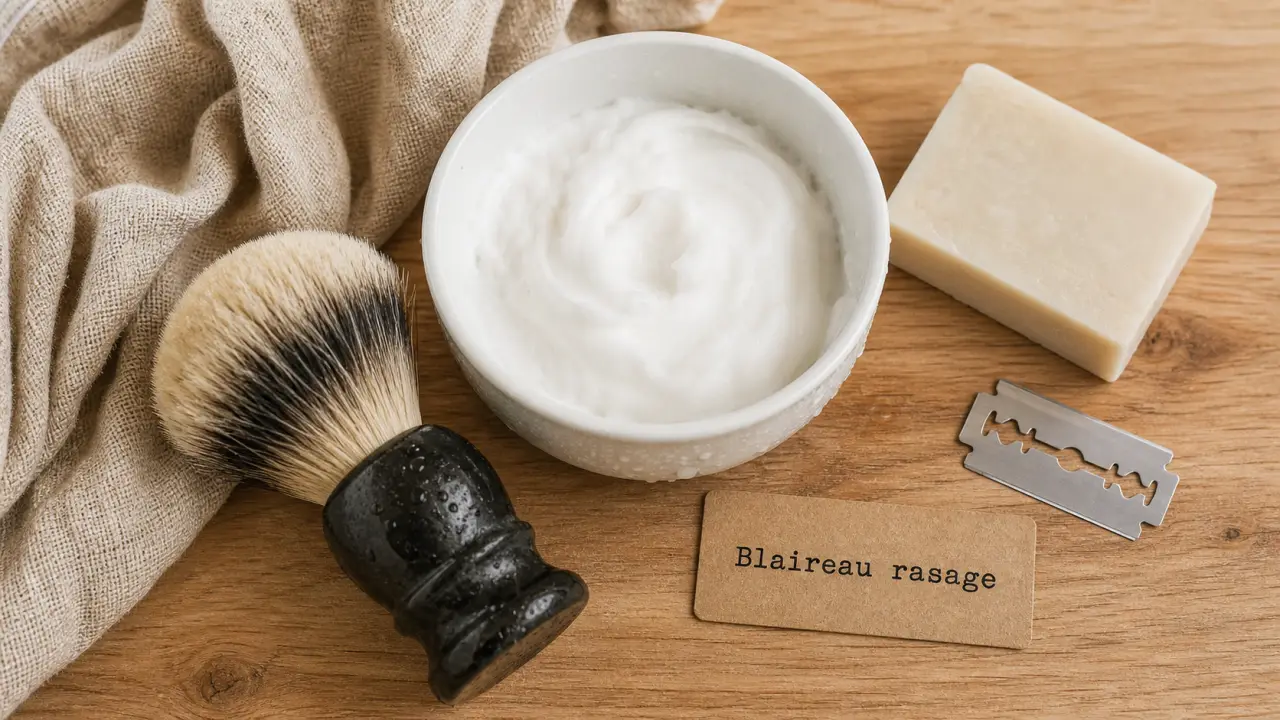 Blaireau rasage : mousse de rasage et savon sur comptoir