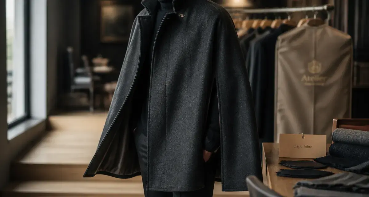 Cape homme luxe en laine : col et texture
