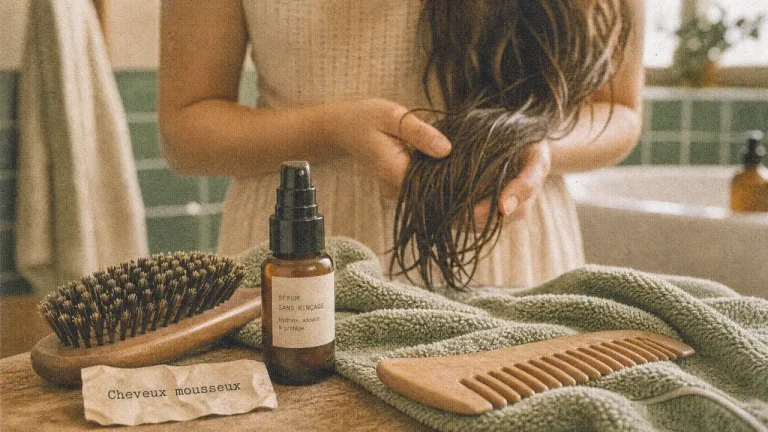 Cheveux mousseux remède naturel : sérum leave-in, brosse et peigne en salle de bain