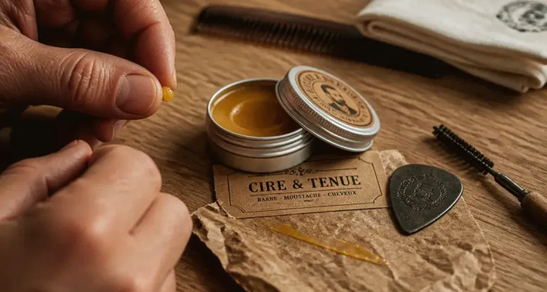 Cire à moustache chaude, pot et trace ambrée sur établi bois clair