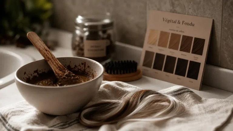 Coloration végétale cheveux blancs, bol de pâte brune et mèche sur serviette