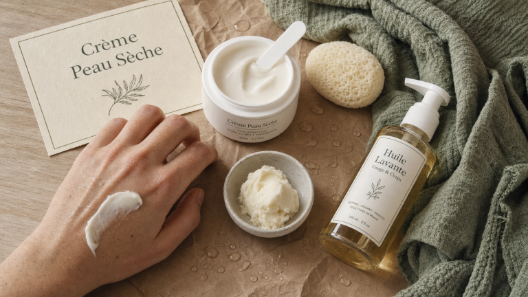 creme pour peau seche sur table bois : pot crème et spatule