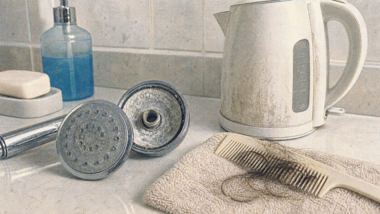 eau calcaire cheveux : tartre blanc sur douche, cheveux ternes