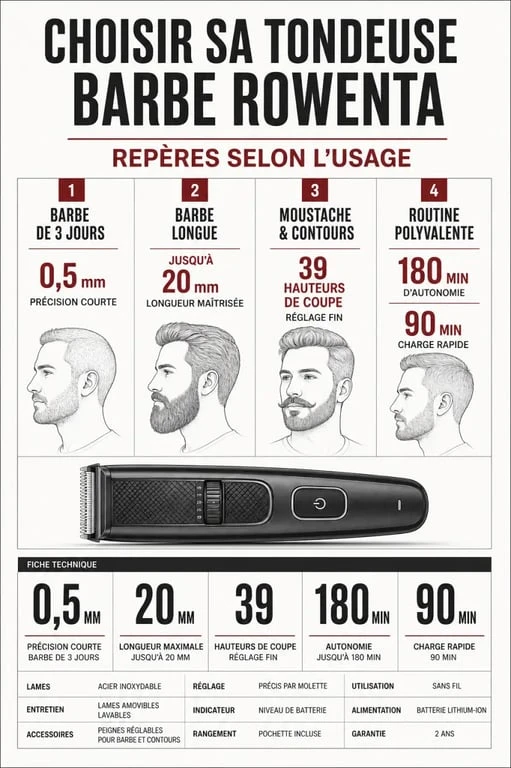 Rowenta tondeuse barbe : infographie comparative des usages, hauteurs de coupe et autonomie