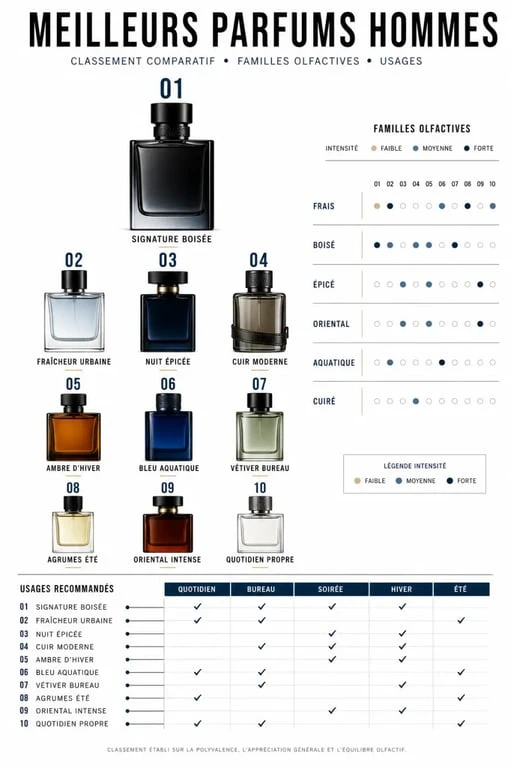 Meilleurs parfum hommes : infographie comparative des 10 fragrances masculines les plus recommandées