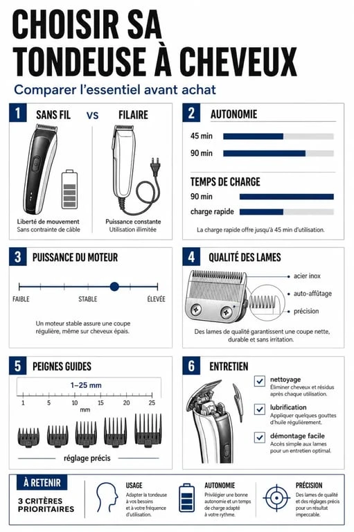 Comparatif des critères pour choisir une tondeuse a cheveux : autonomie, lames, puissance et accessoires