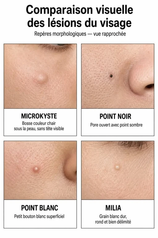 Microkyste visage photo : comparaison visuelle avec point noir, point blanc et milia