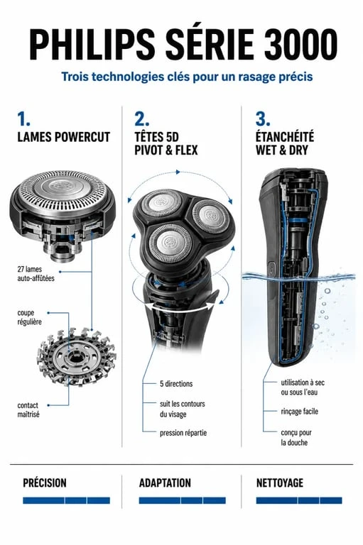 Infographie technique des fonctionnalités du rasoir Philips Série 3000 pour un rasage efficace et confortable.
