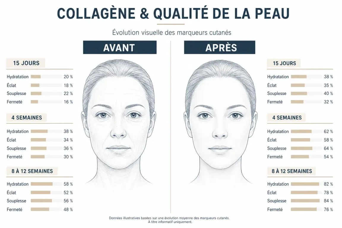 Collagène peau avant après : évolution visuelle de l’hydratation, de l’éclat et de la fermeté sur 15 jours, 4 semaines et 8 à 12 semaines