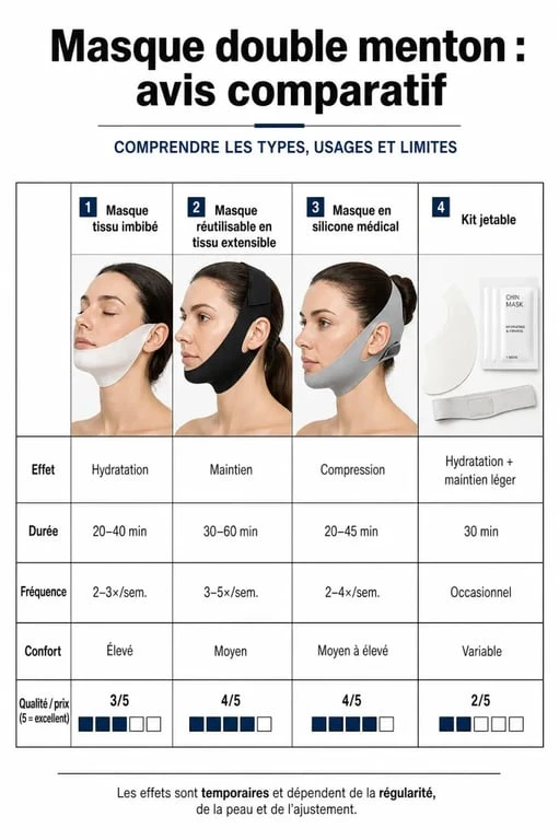 Infographie masque double menton avis comparant les types de masques, leurs actifs, leur durée et leur prix