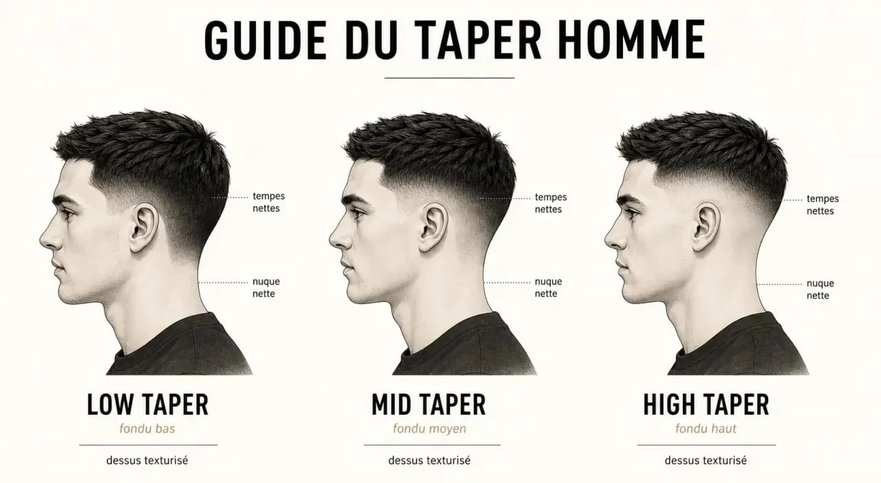 Design taper homme : comparaison visuelle low taper, mid taper et high taper