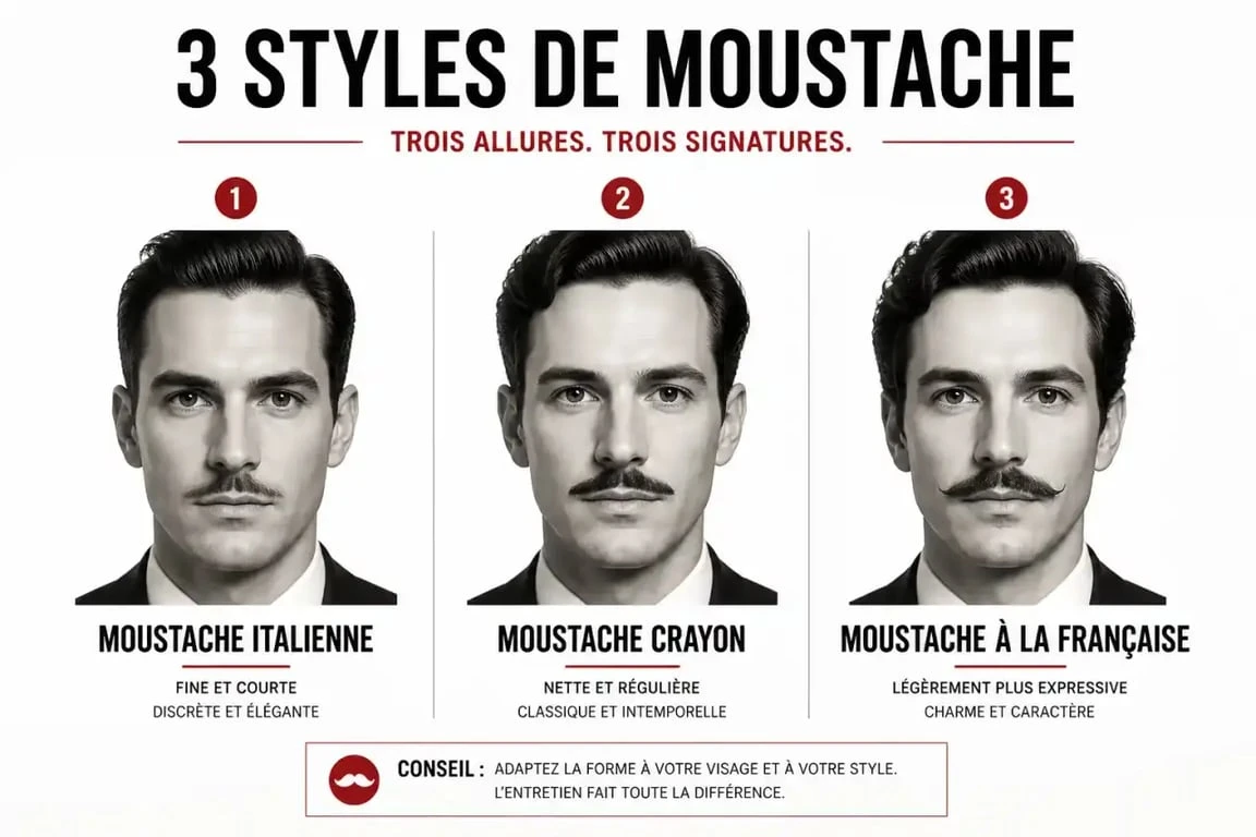 Moustache italie : comparaison visuelle entre moustache italienne, moustache crayon et moustache à la française