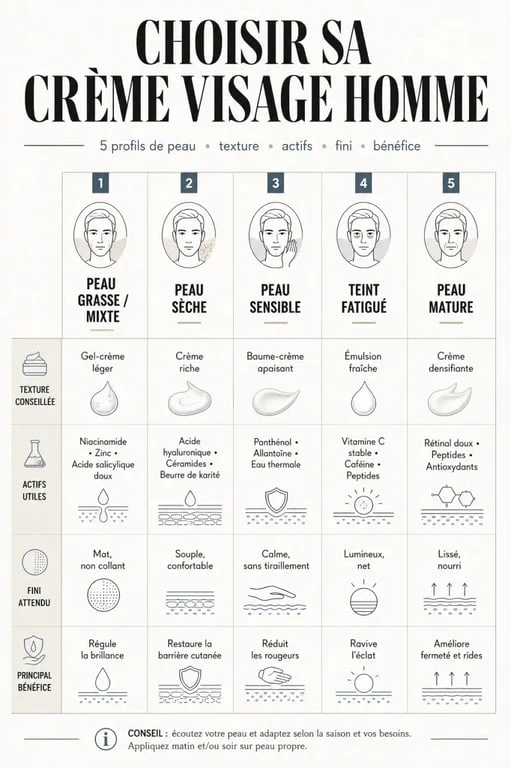 Infographie comparative pour choisir la meilleur creme homme visage selon peau grasse, sèche, sensible, fatiguée ou mature