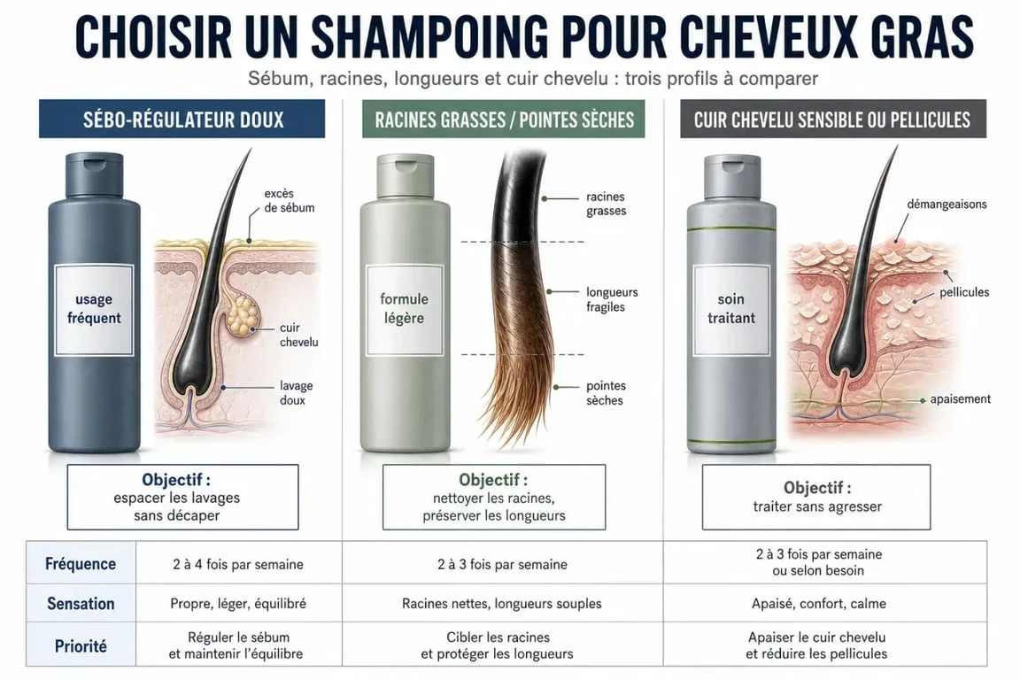Meilleure shampoing cheveux gras : comparaison visuelle des types de shampoings pour racines grasses, cuir chevelu sensible et pellicules