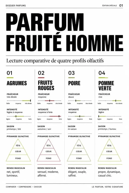 Infographie éditoriale sur le parfum fruité homme avec agrumes, fruits rouges, poire et pomme verte