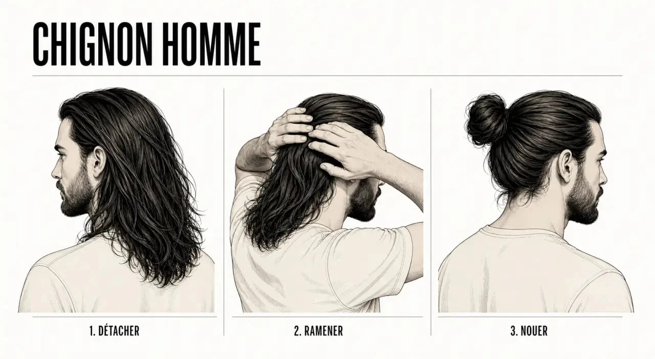 Man bun : illustration du chignon homme en trois étapes