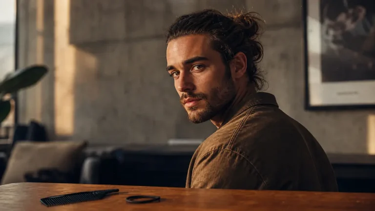 Man bun, homme aux cheveux longs en chignon sans tension