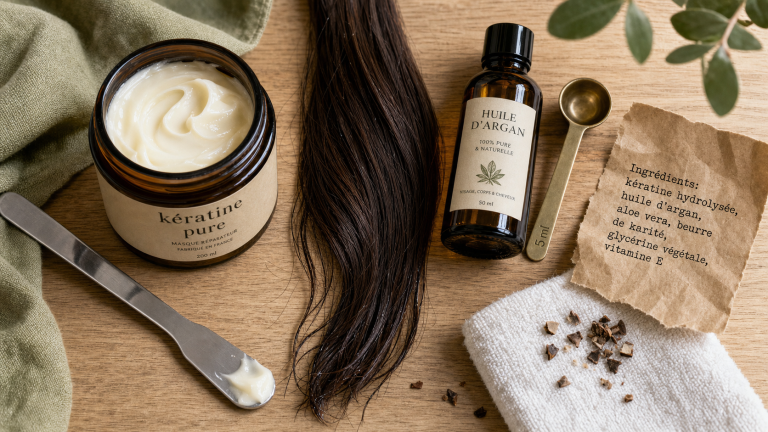 Masque keratine pure sur cheveux, pot ouvert et huile d’argan