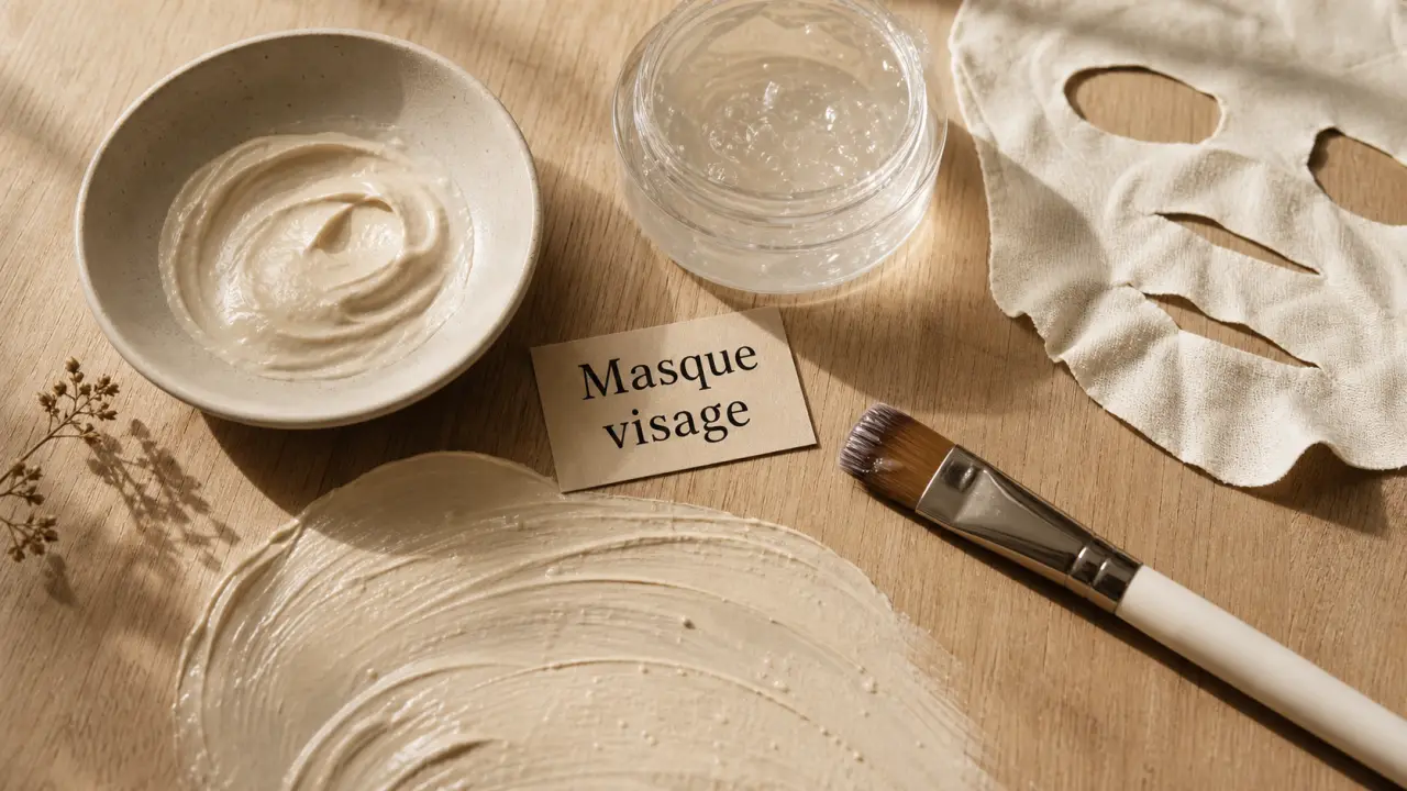 Meilleurs masques visage : argile, tissu ou crème sur table