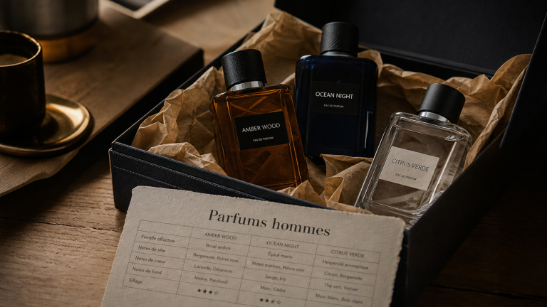 Meilleurs parfum hommes : coffret et flacons sur table en bois clair