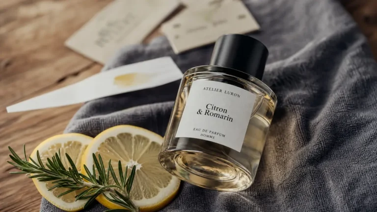 parfum fruité homme frais gourmand boisé, flacon sur agrumes et romarin