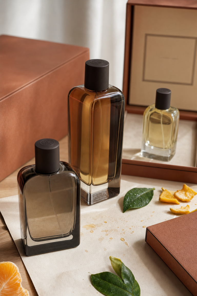 Parfum hermes hommes : trois flacons Terre d’Hermès, Eau Givrée, Orange Verte sur table