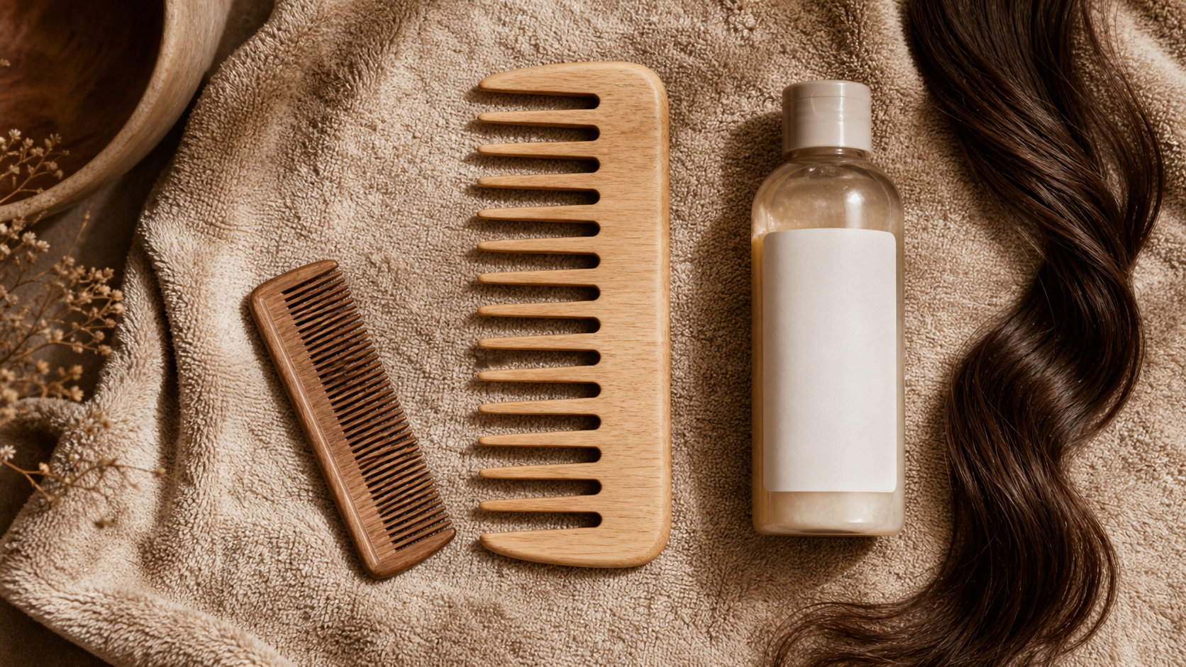 Peigne dent large en bois sur serviette, douche sans casse