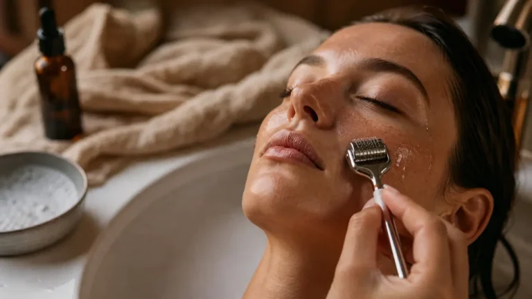 Ridoki visage avis dermatologue : main tient un rouleau à picots sur peau nettoyée