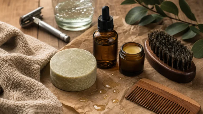 Soin barbe : huile ambrée, baume et shampoing solide