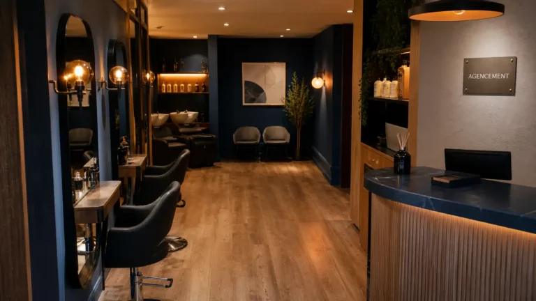 Agencement salon de coiffure : 4 zones avant les fauteuils, circulation et postes