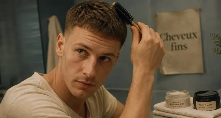 Cheveux fins homme coiffure : densité parfaite, gros plan en salle de bain