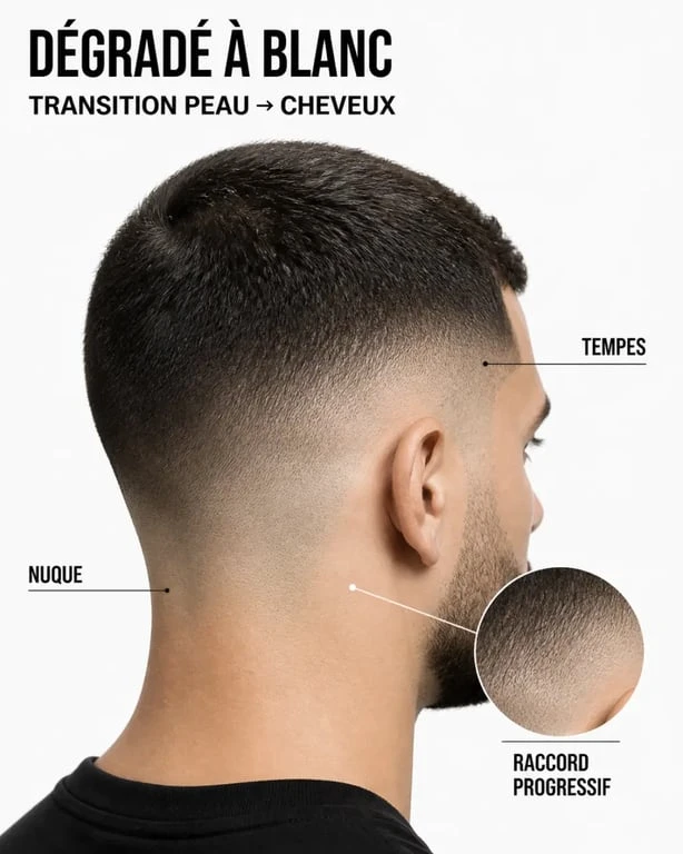 Dégradé progressif à blanc : détail du raccord peau et cheveux sans ligne visible