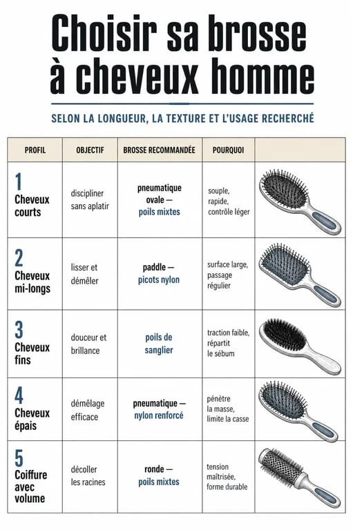 Infographie brosse à cheveux homme : quel type choisir selon la longueur, la texture et l’usage