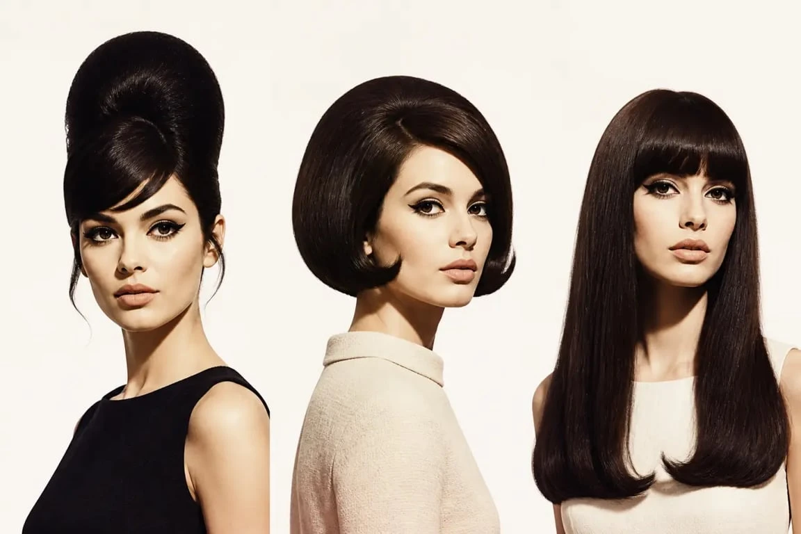 Coupe année 60 : planche éditoriale de coiffures sixties avec volume bombé, carré rétro et frange