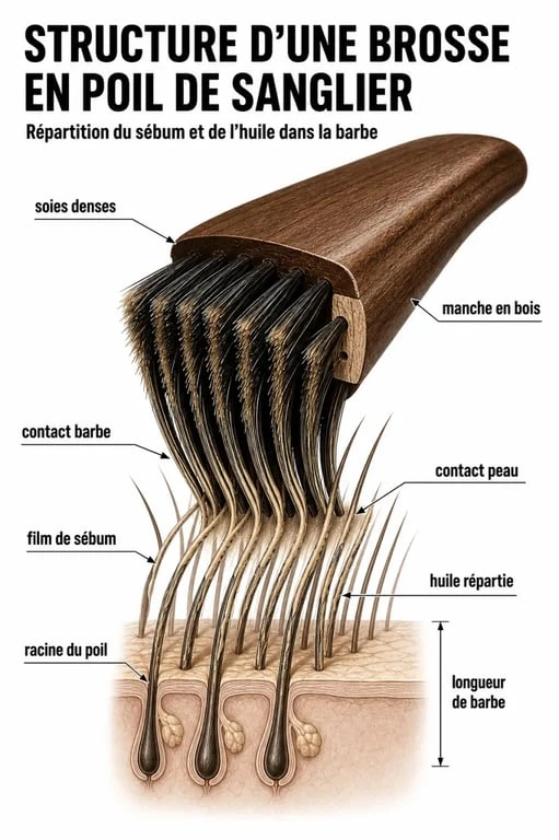 Structure d’une brosse poil de sanglier pour barbe et répartition de l’huile
