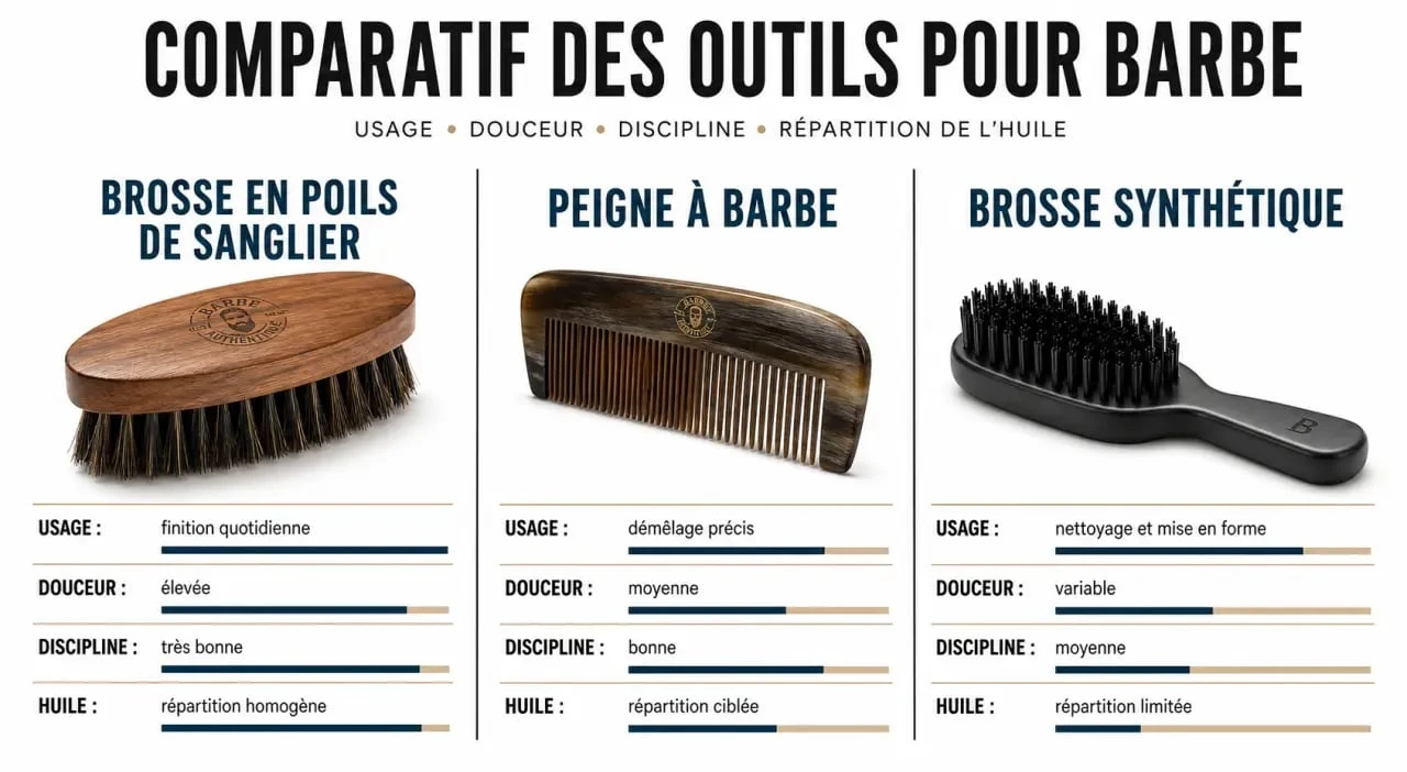 Comparaison de brosse poil de sanglier pour barbe, peigne et brosse synthétique