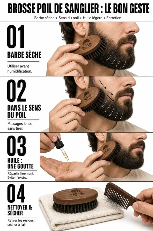 Guide d’utilisation de brosse poil de sanglier pour barbe sur barbe sèche