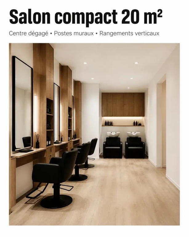 Agencement salon de coiffure dans un petit espace de 20 m² avec mobilier compact