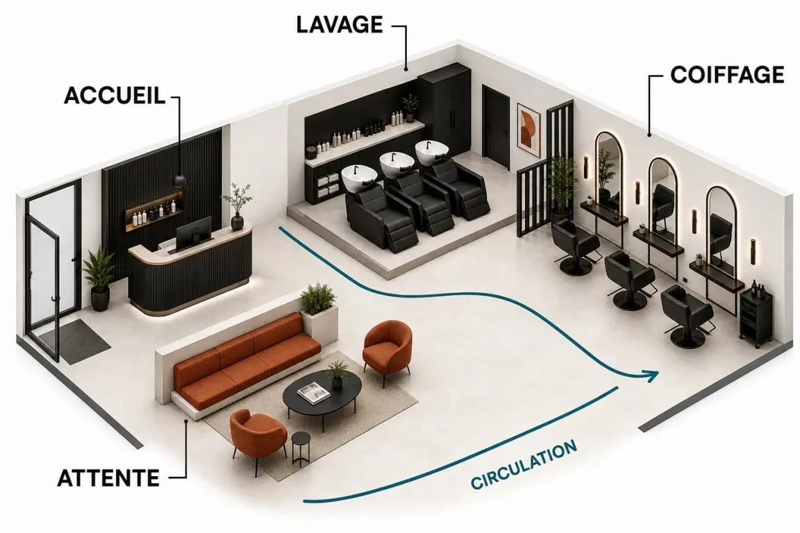 Agencement salon de coiffure avec quatre zones distinctes et circulation fluide