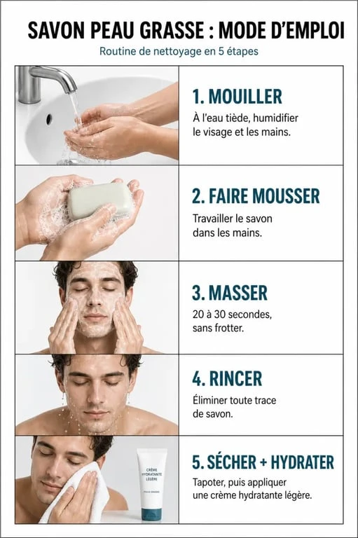 Mode d’emploi du savon peau grasse en étapes simples et visibles