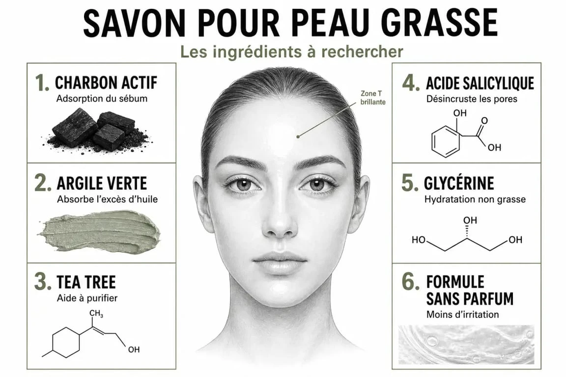 Savon peau grasse : comparaison visuelle des ingrédients utiles et des profils de peau