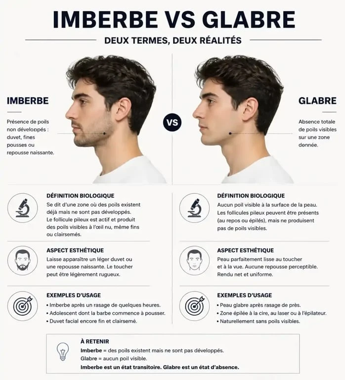 Infographie comparative illustrant la différence entre un homme imberbe et un visage glabre.