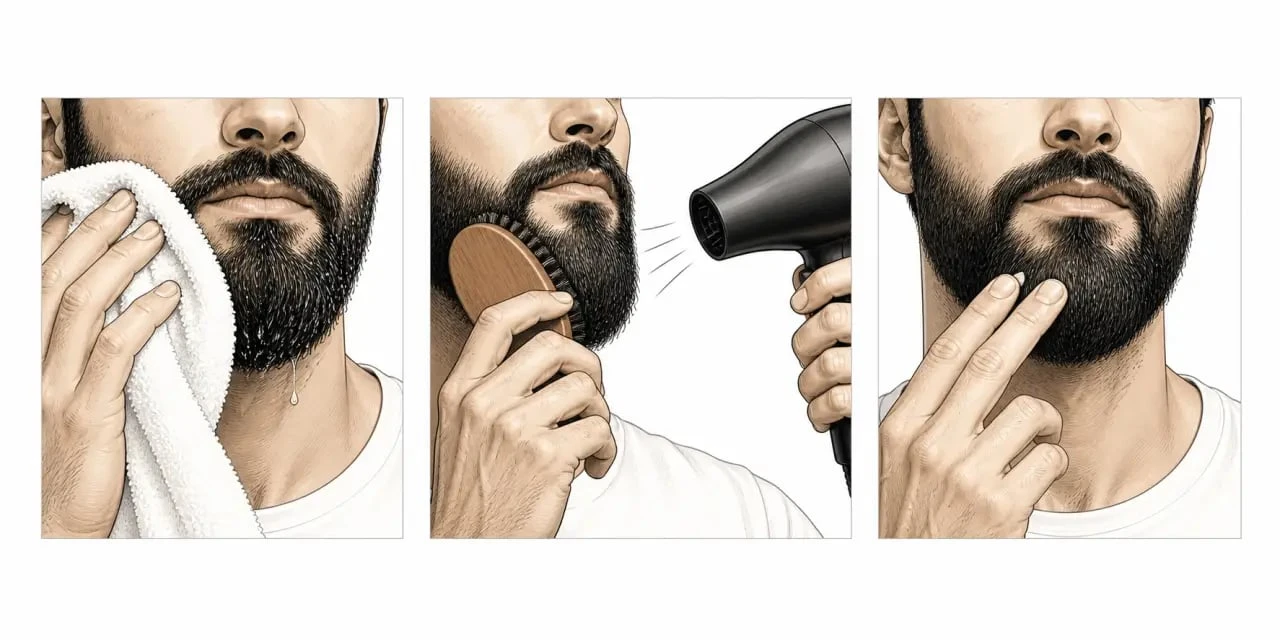 Lisser une barbe en trois étapes avec brosse, sèche-cheveux et baume