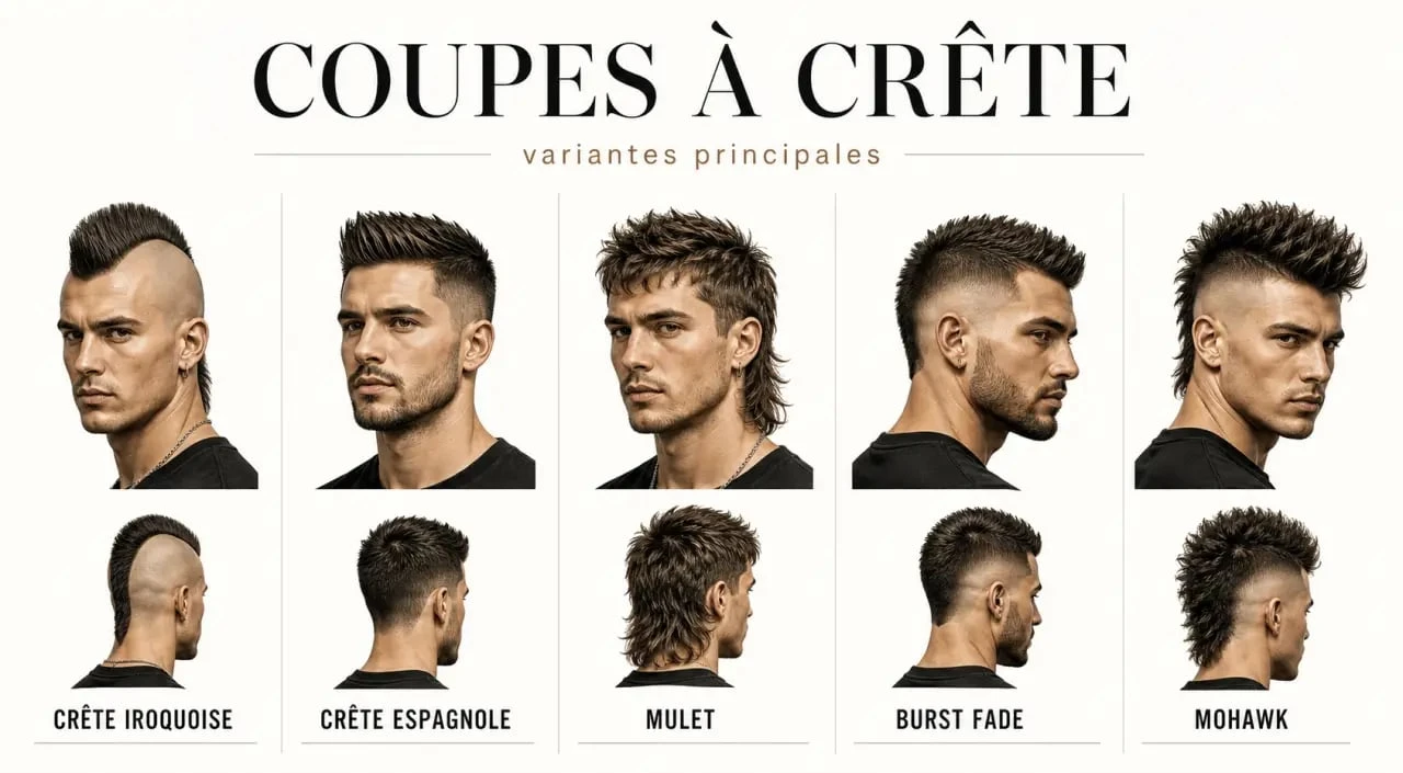 Coupe de cheveux crete : planche comparative des variantes crête iroquoise, crête espagnole, mulet, burst fade et mohawk