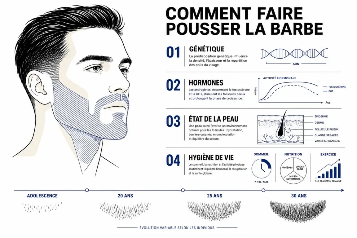 Comment faire pousser la barbe : schéma éditorial des facteurs de pousse et de la routine d’entretien