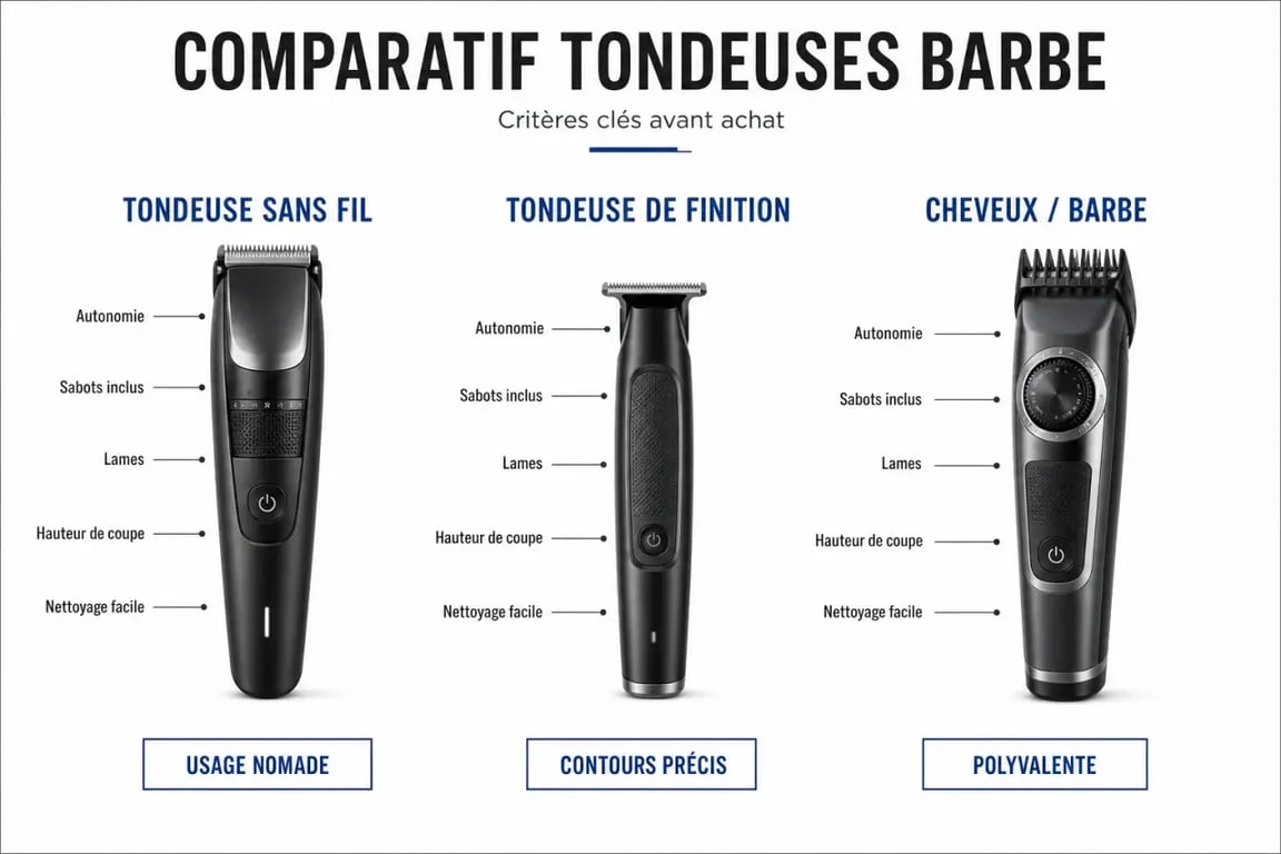 Comparatif visuel tondeuse barbe electro depot : autonomie, sabots, lames et usages