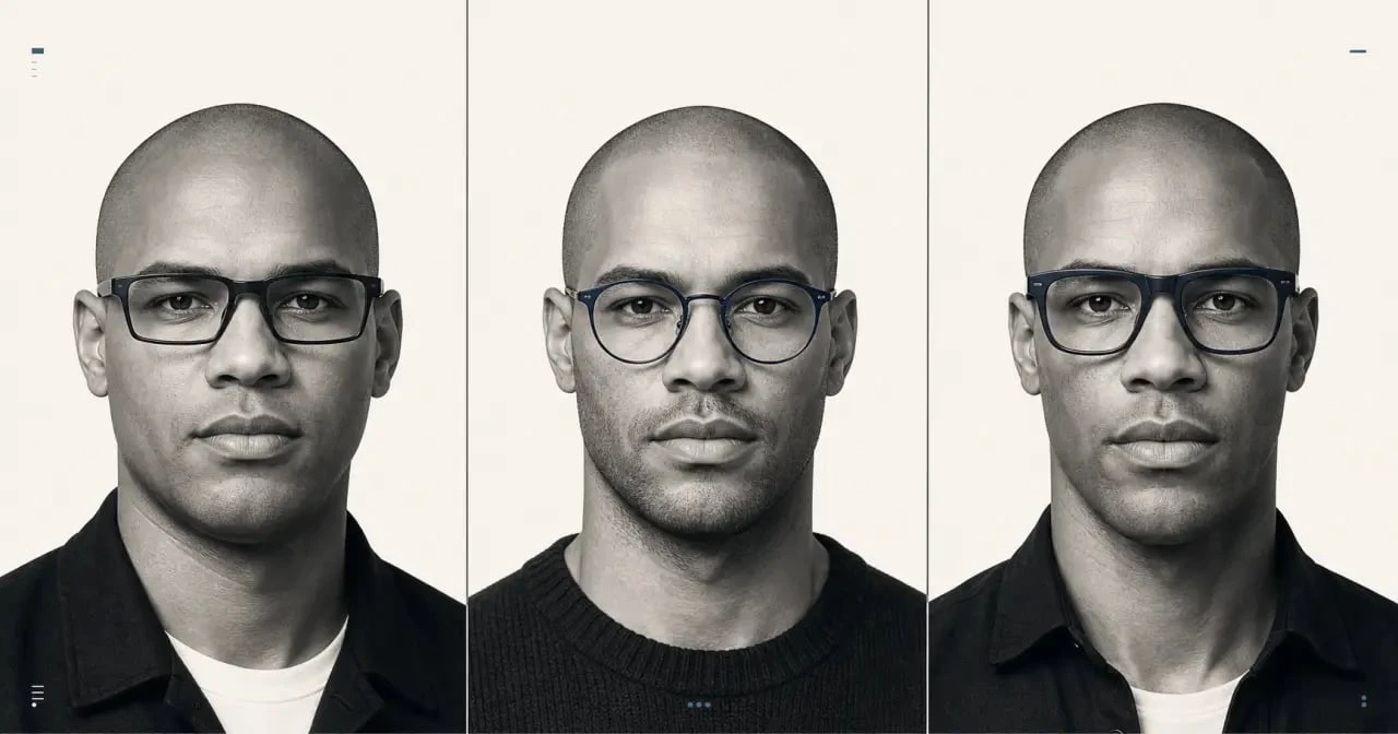 Lunette pour chauve : comparatif visuel de montures sur hommes au crâne rasé selon la forme du visage