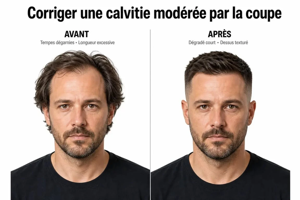 Coupe de cheveux calvitie avec avant/après en dégradé court et cheveux texturés