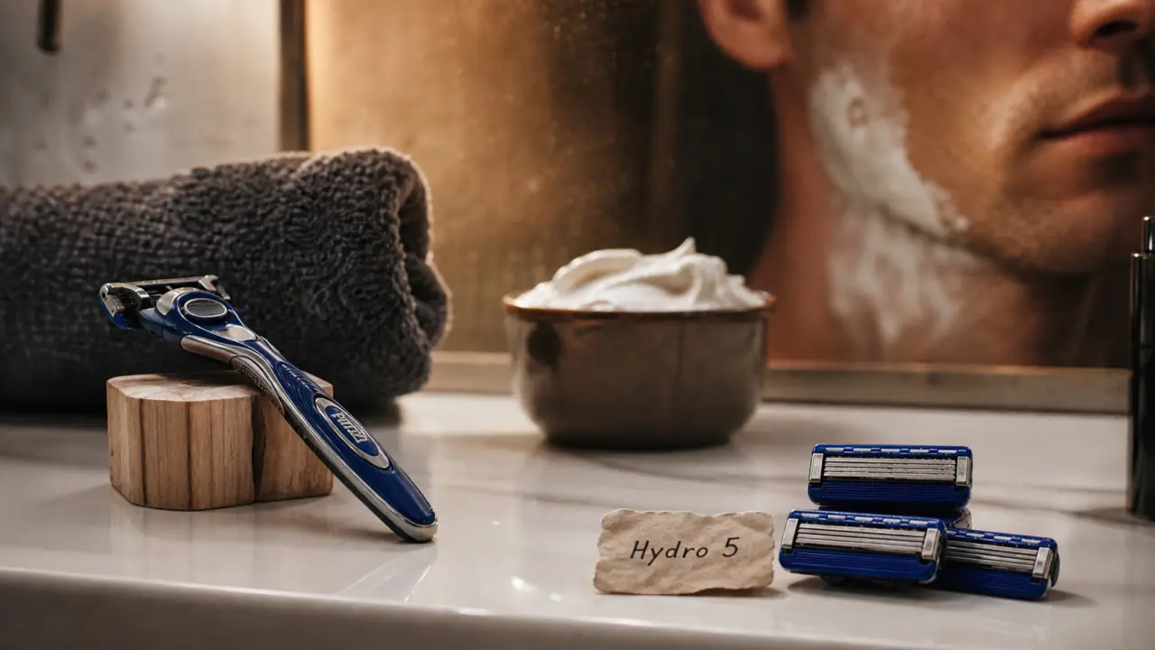Rasoir Wilkinson homme Hydro 5 sur lavabo, recharges et mousse à raser